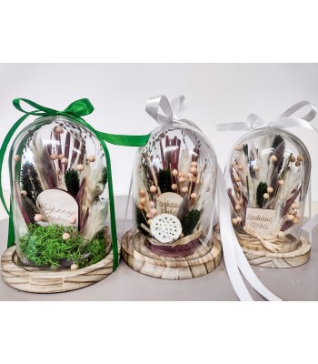 Szklany klosz z suszonymi roślinami